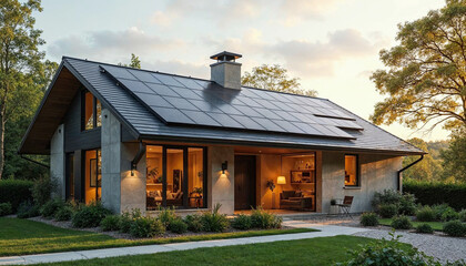 Obraz premium A modern home featuring minimalist solar roof tiles, blending aesthetics and sustainability seamlessly.