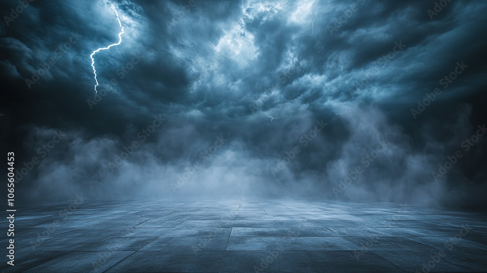 Poster otherworldly storm brews over stark concrete platform dense swirling fog creeps across the floor ill