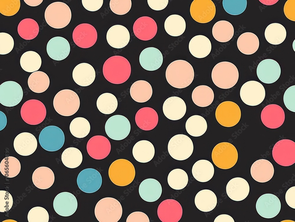 Poster a colorful polka dot pattern on a dark background, suitable for various design projects.