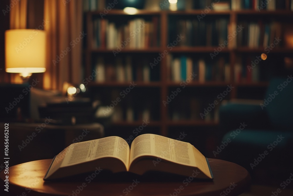Poster an open book rests on a table in a cozy library setting, inviting reading and reflection.