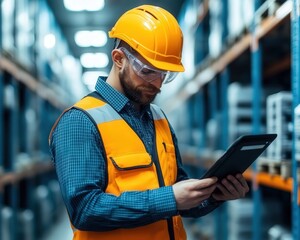 A safety-conscious worker in an orange vest and helmet checks a tablet in a warehouse aisle filled with stock.