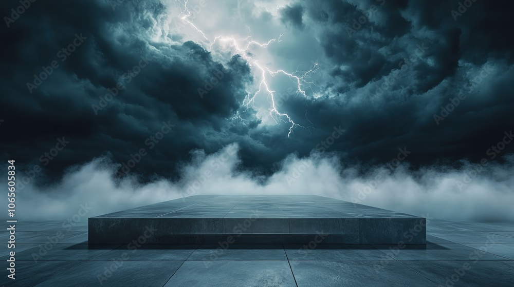 Poster otherworldly storm brews over stark concrete platform dense swirling fog creeps across the floor ill