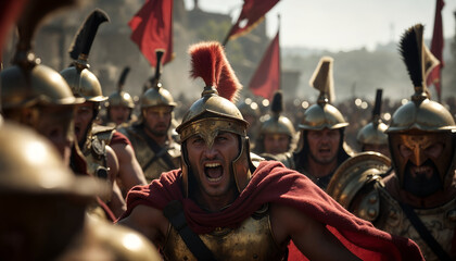 a warrior in a red armor with the word hero on the back of his head.