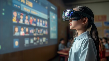 Girl using virtual reality headset in a classroom setting