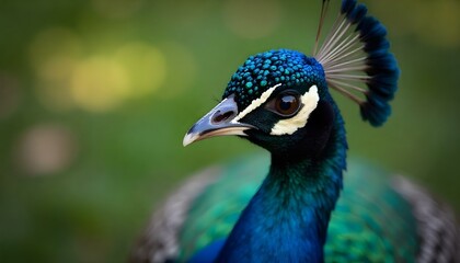 close-up portrait of a vibrant blue peacock with its feathers partially spread, a green background