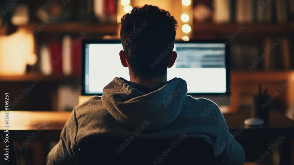 Poster a person working late at a computer in a dimly lit room.