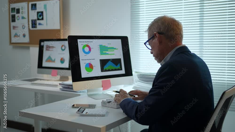 Aufkleber businessman analyzing charts and data on a computer in a modern office setting, focusing on strategy