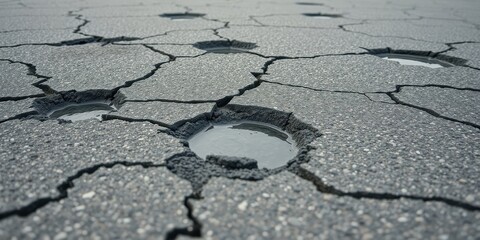 Obraz premium A close-up view of a cracked and weathered asphalt surface with small pools of water collected in the crevices