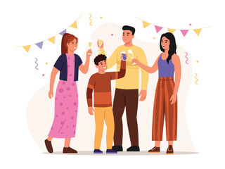 Vector illustration of a group of young people at a holiday party. Cartoon scene of man and women, boy, having fun celebrating, with glasses of drinks, garland, streamer isolated on white background.