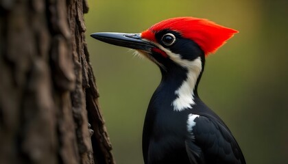 Fototapeta premium Close-up of red-headed woodpecker perched on tree branch against blurred green background