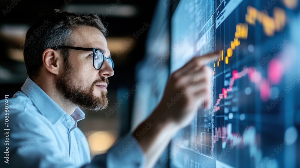 Poster businessman in a suit standing in an office intently analyzing financial data and market trends disp