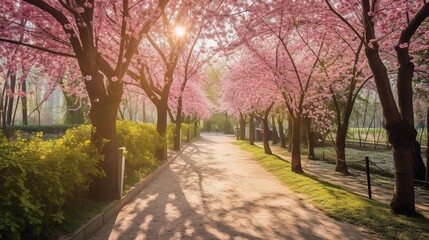 Obraz premium Serene Cherry Blossom Pathway in Springtime Light