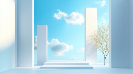 A serene architectural space with steps, pillars, and a tree under a bright blue sky.