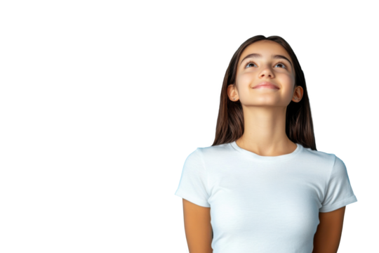 Teenage woman smiling and looking up on transparent background - Powered by Adobe