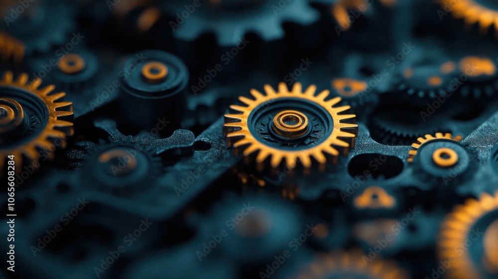 Poster closeup of intricate gears and cogs mechanical engineering industrial technology abstract background