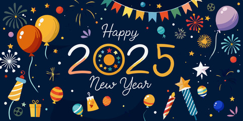 Generative AI A fun and colorful illustration celebrating New Year's Eve, featuring cute cartoon designs with fireworks, colorful sparklers, and joyful emoticons. cheerful artwork, happy new year 2025