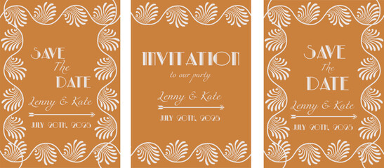 Naklejka premium Vintage luxury invitation card with white Art Deco frame vector design. Gatsby Style design 