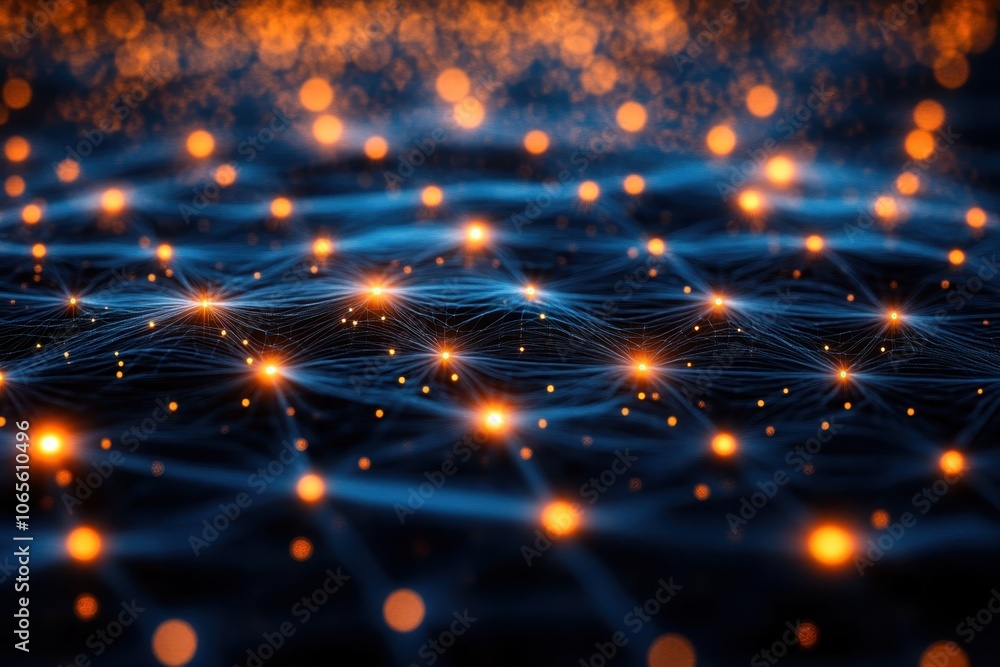Poster abstract representation of interconnected nodes and glowing lights in a deep blue environment