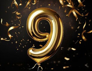 Gold birthday / anniversary balloon, number 9, black background with confetti