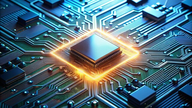 The Power of the Processor A Glowing Chip on a Circuit Board