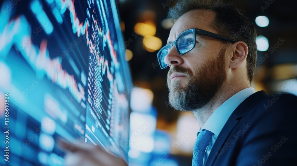 Poster serious businessman in suit and glasses analyzing complex financial data charts and graphs on comput