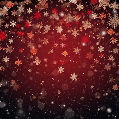 Festive snowflakes falling against a rich red background, creating a magical winter atmosphere. Perfect for holiday-themed projects.