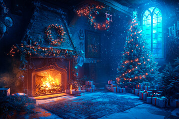Obraz premium Magical illustration of a living room decorated for Christmas with a tree, gifts and a fireplace