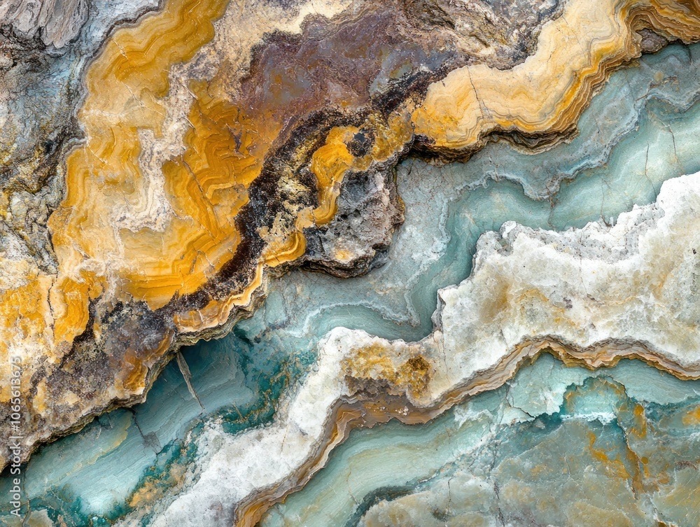 Poster a close-up view of colorful, layered natural stone with intricate patterns.
