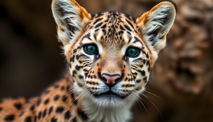 Obraz premium A close-up portrait of a young leopard with striking blue eyes and a spotted, tawny-colored face
