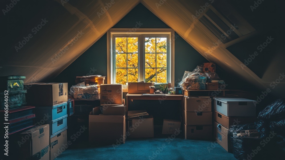 Poster a cluttered attic space with boxes and a window overlooking fall foliage.