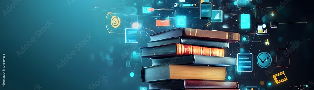 Poster stack of books surrounded by digital data and symbols