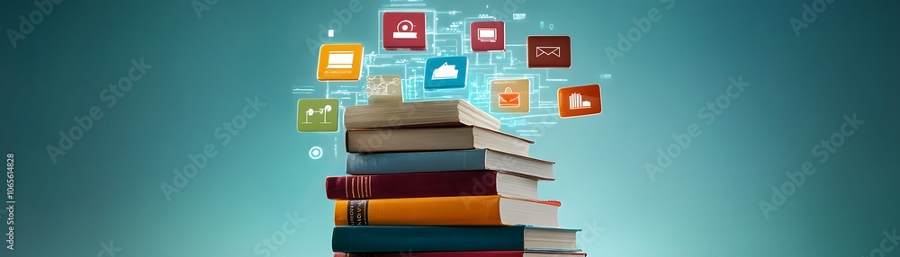 Poster stack of books with digital icons floating above them