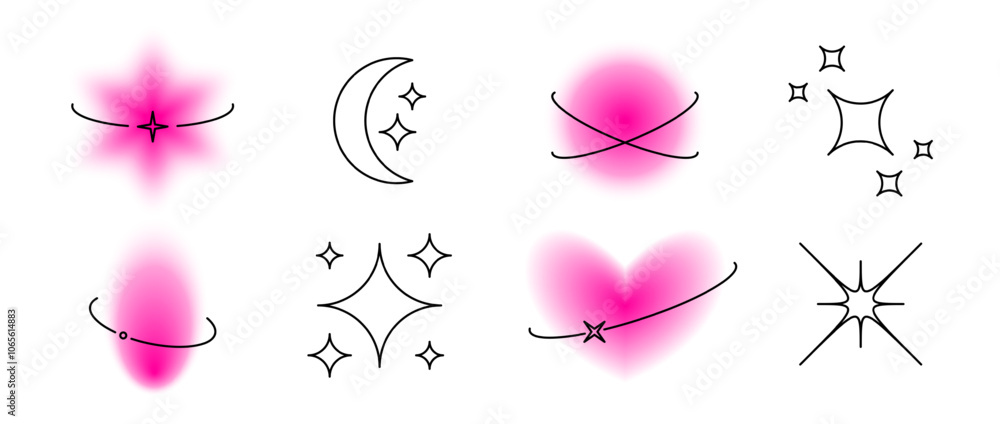Aufkleber y2k elements with linear decor set. pink blurry aura shape collection. blurred smooth gradient with 