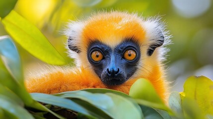Fototapeta premium A close-up portrait of a golden crowned sifaka lemur, a primate with distinctive orange fur and bright yellow eyes, perched on a branch with green leaves.