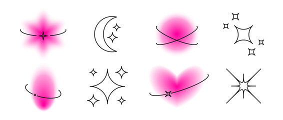 Y2k elements with linear decor set. Pink blurry aura shape collection. Blurred smooth gradient with line ellipses for logo, template, badge, sticker, collage, icon. Vector