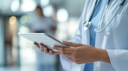 Obraz premium Close-Up of Healthcare Worker Holding Tablet for Patient Management in a Clinical Environment