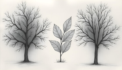 Obraz premium Black and white botanical drawing featuring two barren trees and a central foliage illustration with shadows