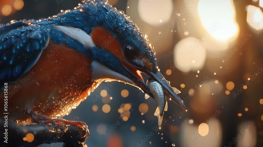 Poster a close-up portrait of a wet kingfisher holding a fish in its beak with a bokeh background.