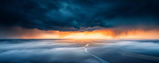 Obraz premium Dramatic seascape at sunset with dark clouds and vibrant orange horizon.