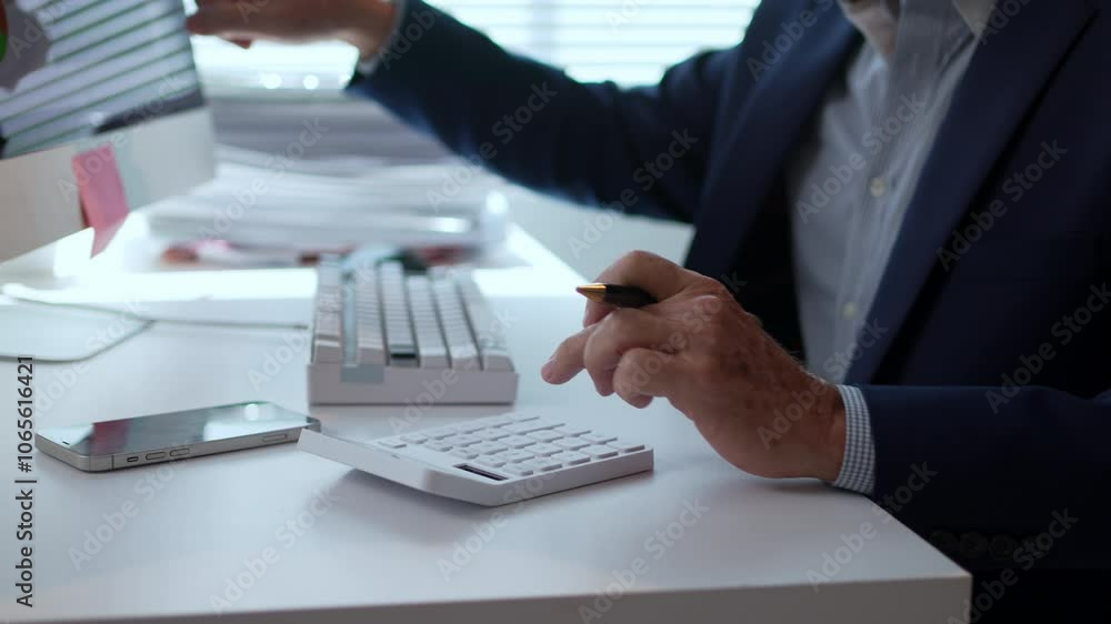 Aufkleber businessman calculating with an electronic calculator while pointing at financial charts displayed o