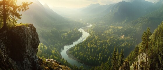 A breathtaking landscape featuring a winding river surrounded by lush forests and mountains.