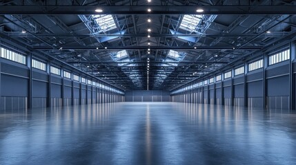 Spacious industrial warehouse with high ceilings and bright skylights.