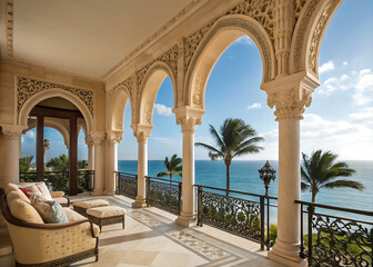 Fototapeta premium Luxurious balcony with two wicker couches, overlooking a stunning ocean view with palm trees and a wrought iron railing.