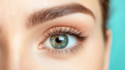 Fototapeta premium Close-up of beautiful female model with striking blue green eye well groomed eyebrows cosmetic beauty makeup