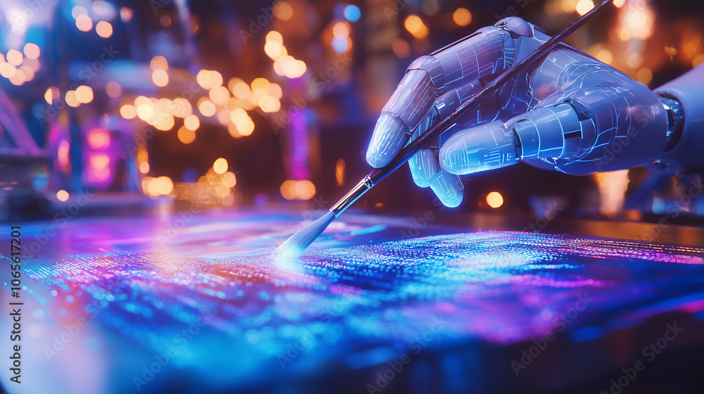 Poster android hand holding paintbrush creating abstract art on canvas