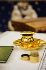 Golden Baptism Ritual Objects: Water Pitcher and Oil Container for Sacred Child Baptism Ceremony