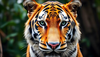 Obraz premium Wild tiger portrait emphasizing its striking stripes and green eyes with a lush jungle background.