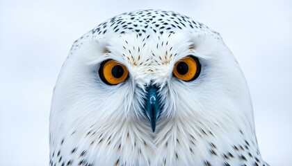 Fototapeta premium Female snowy owl with piercing yellow eyes against a pristine white snow backdrop