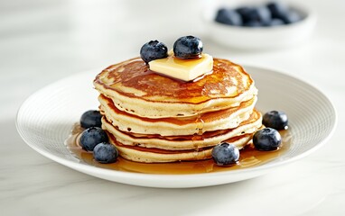 Fluffy pancakes stacked with butter, drizzled with syrup, and topped with fresh blueberries