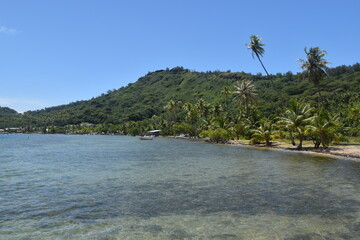 The white sand beaches and green backdrop on Bora Bora, French Polynesia